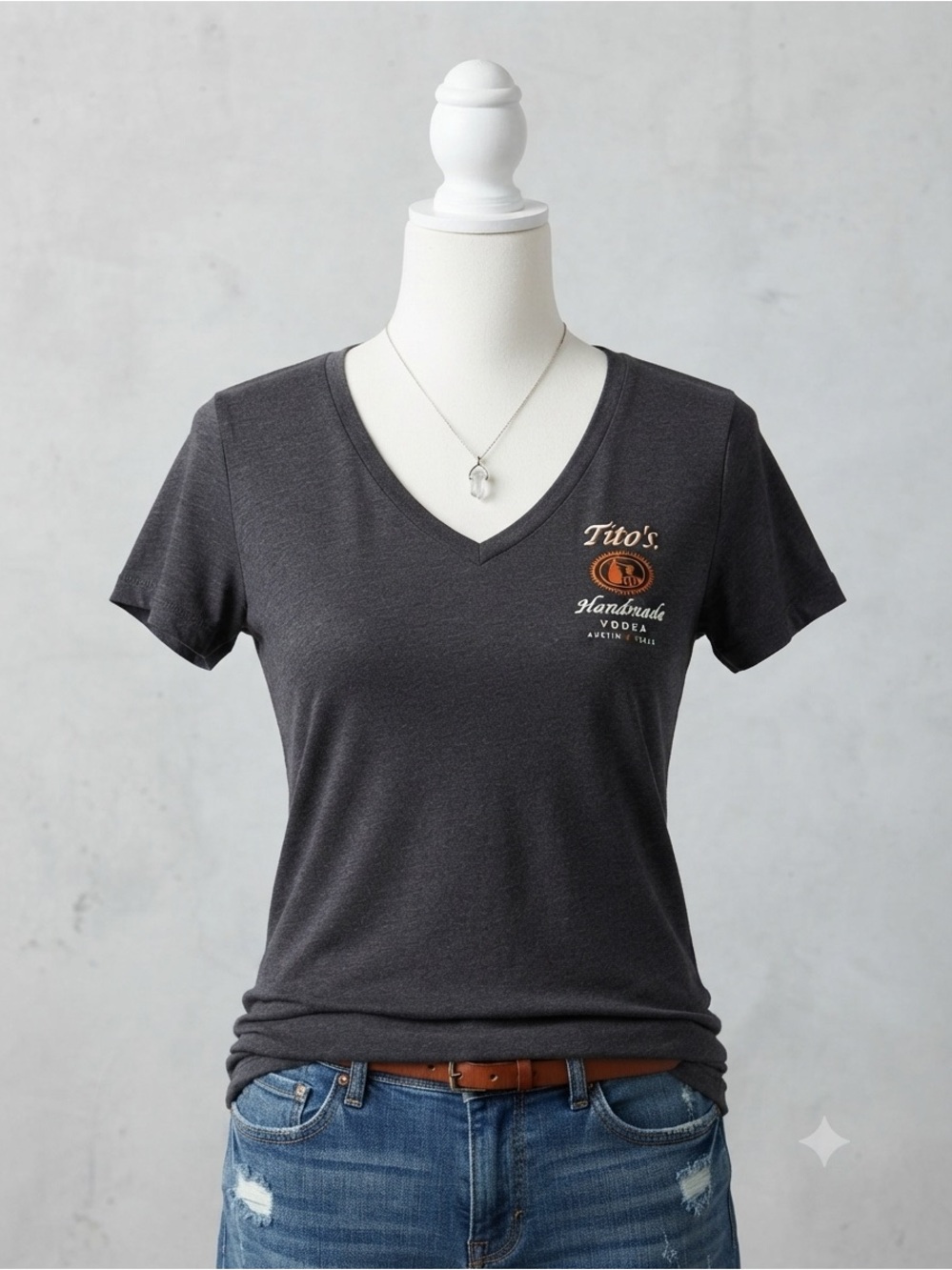 District Women's Dark Gray V-Neck Tee with Small Tito’s Vodka Logo size M